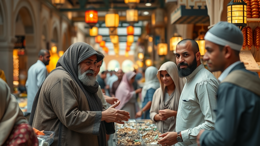 bustling Souq Waqif market, lively vendors and shoppers, traditional Qatari architecture, lanterns and spice stalls, doha sightseeing