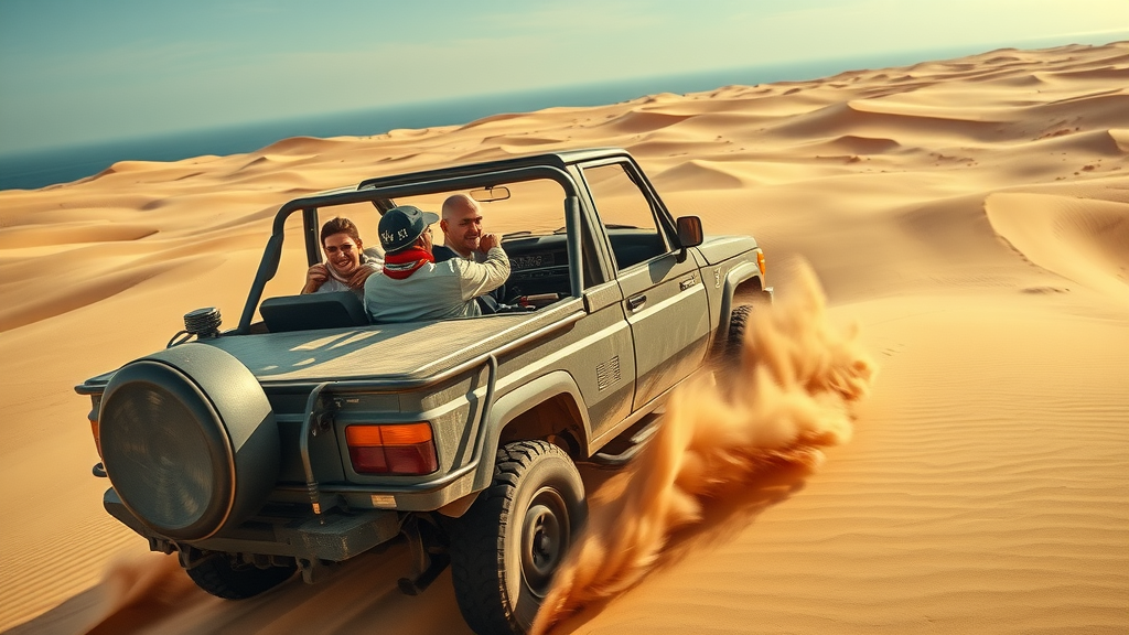 High-action 4x4 dune bashing adventure in Qatari desert with golden sands, vehicle in motion, and blue sea on the horizon. dune bashing inland sea doha qatar travel guide