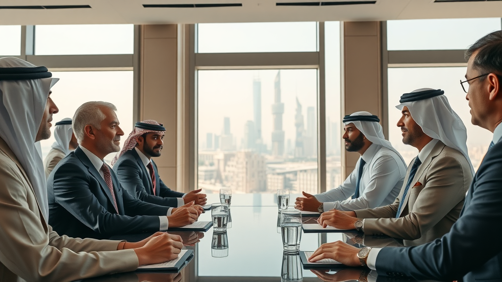 sophisticated diplomatic meeting between Qatari and international diplomats discussing global affairs, Qatar international relations, Doha skyline