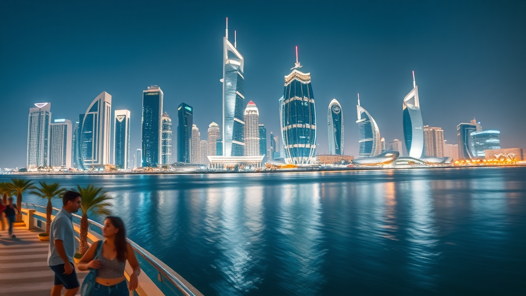 Skyscraper night view of Doha West Bay skyline with dazzling lights - modern wonders and cityscape in Doha Qatar