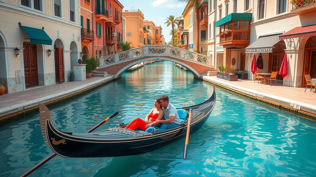 Charming canal scene in Qanat Quartier, couples enjoying gondola rides and pastel-colored buildings. qanat quartier doha tourist attractions