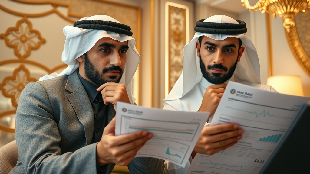 cautious Middle Eastern investors analyzing business reports qatar business news financial charts luxury office