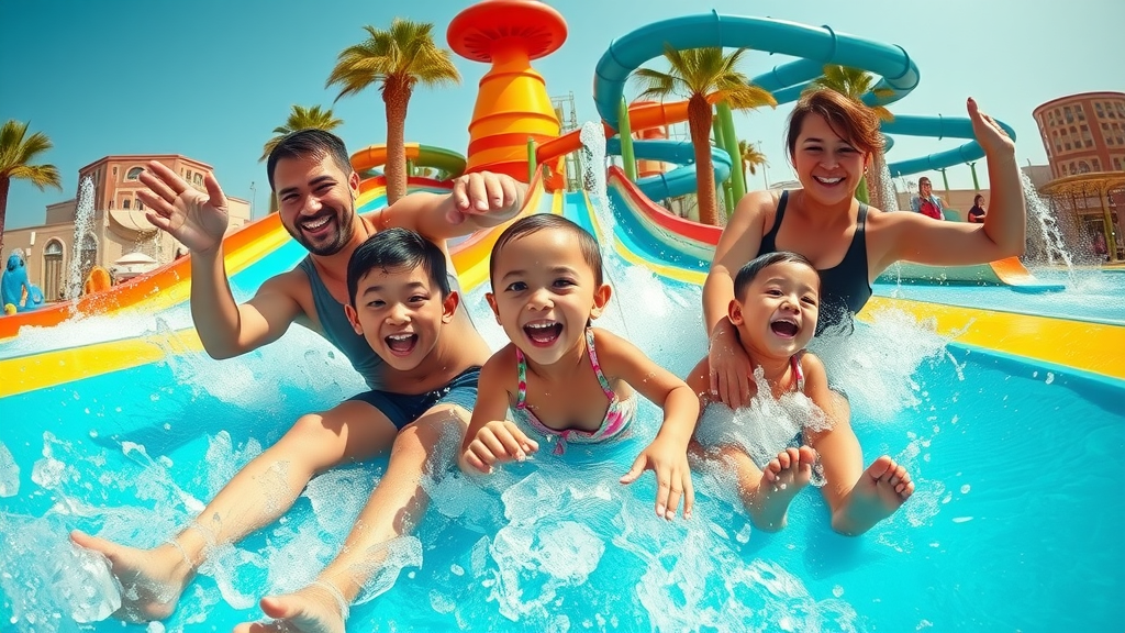 Excited family group racing down colorful water slides, parents cheering as children splash, desert falls water park, highly detailed, blue and turquoise tones, Doha, midday sunlight