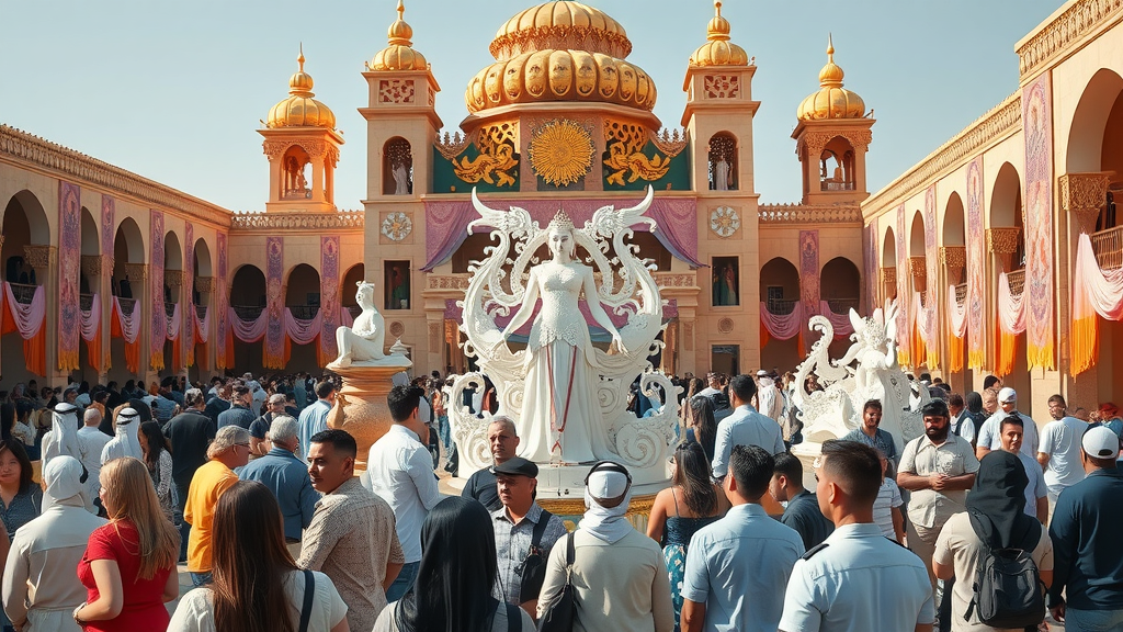 Lively artistic festival in Katara Cultural Village, open-air sculptures, Arabic architecture, and colorful festival crowds.