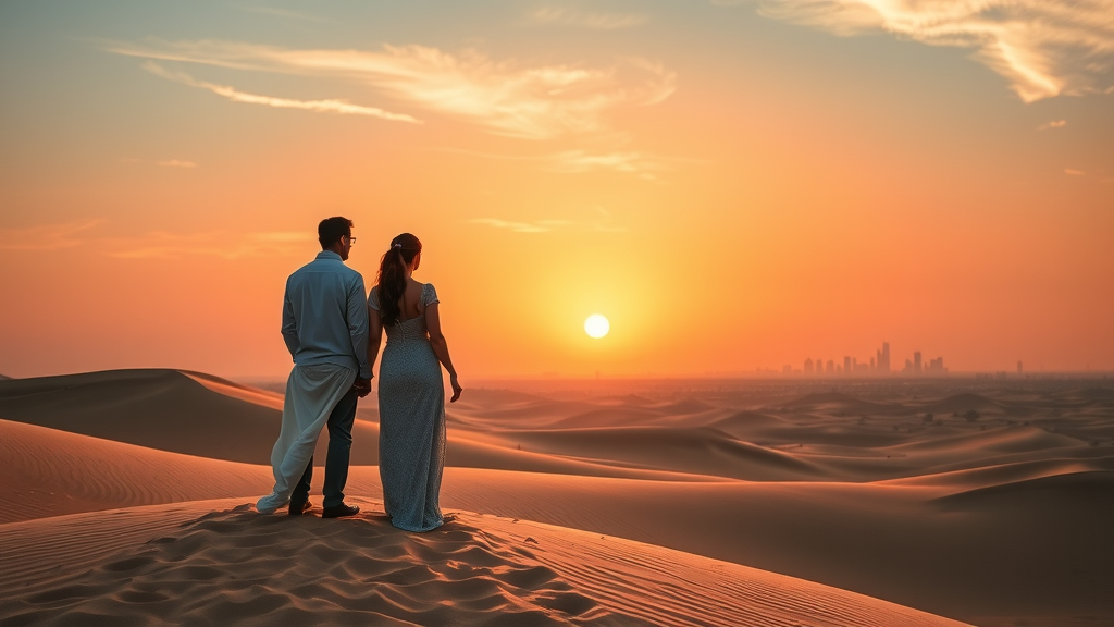 Doha desert landscape, best time to visit, sunset over sand dunes, glowing sky