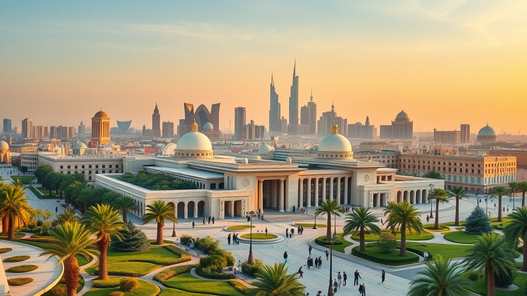 Striking panoramic view of Doha’s museum district skyline, with visible famous museums, lush landscaping, and the vibrant energy of the city.