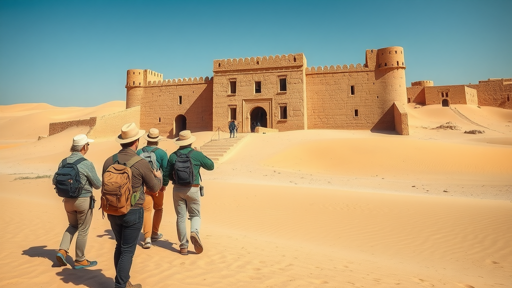 historic Al Zubarah Fort in desert landscape, explorers admiring from a distance, sandy dunes and ancient walls, doha sightseeing