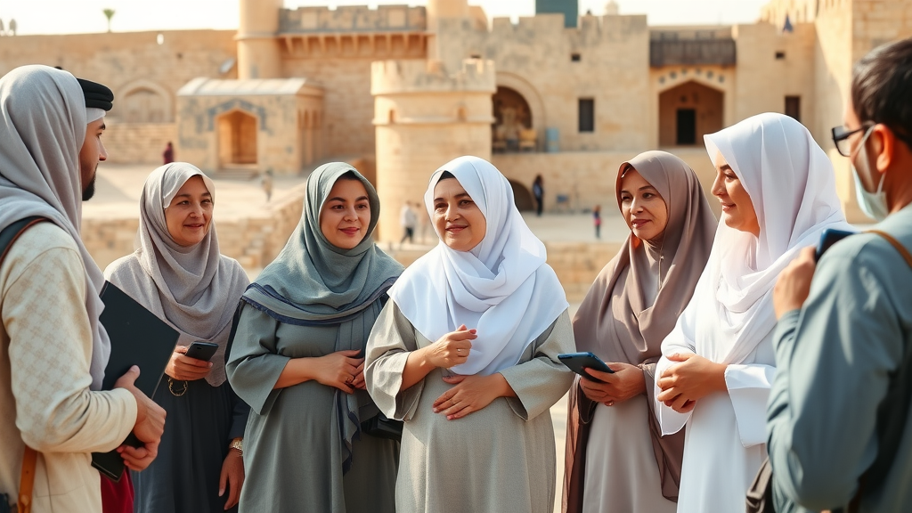 Respectful tourists in modest clothing touring a Qatari heritage site, listening to a local guide, cultural sites in doha, ancient fort backdrop, modern amenities