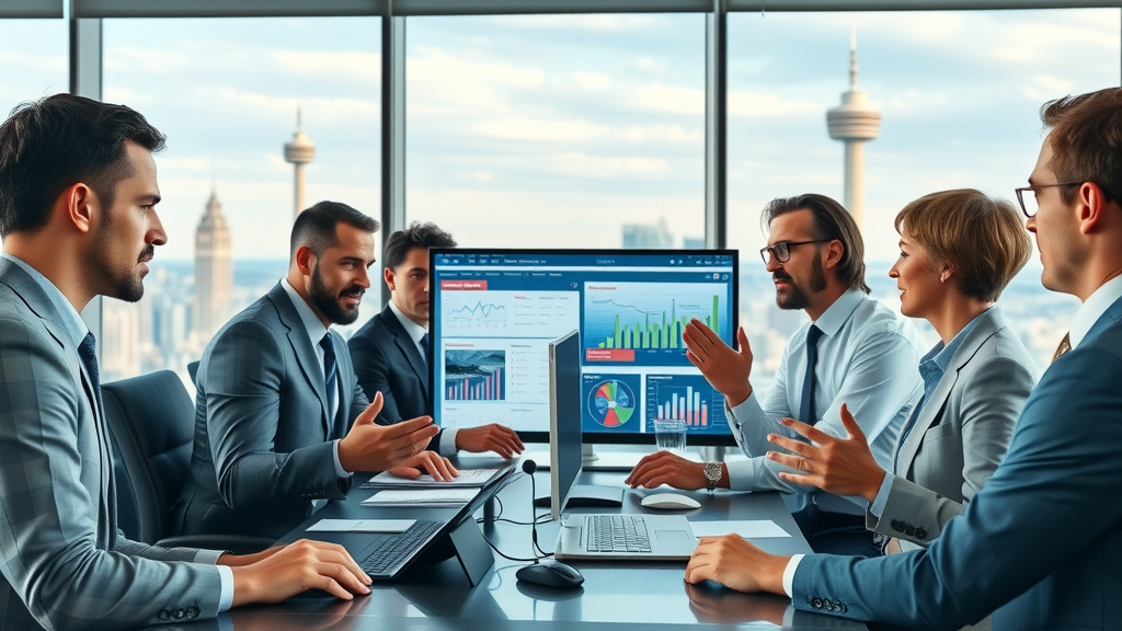 motivated executive team reviewing business news qatar business news strategy high-tech conference room