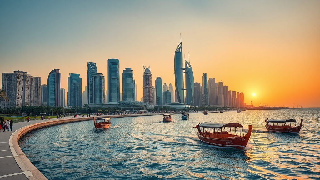 Doha things to do vibrant cityscape and skyline at sunset, modern skyscrapers and dhow boats on the Corniche