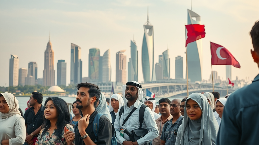 Doha cityscape showing a diverse community facing Qatar social issues