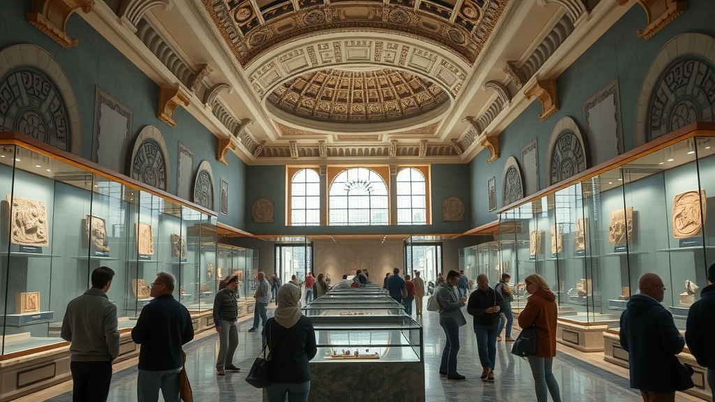 Captivating museum interior with grand exhibit halls, glass showcases, and curious visitors in Doha.
