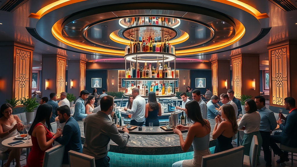 Sophisticated modern hotel lounge in Doha, energetic atmosphere, socializing around a contemporary bar nightlife experience