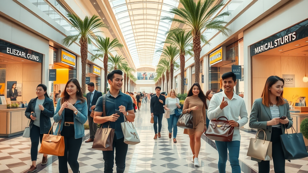 bustling doha luxury shopping mall diverse international shoppers admiring displays modern mall with palm-lined walkways and luxury storefronts, shoppers carrying branded bags