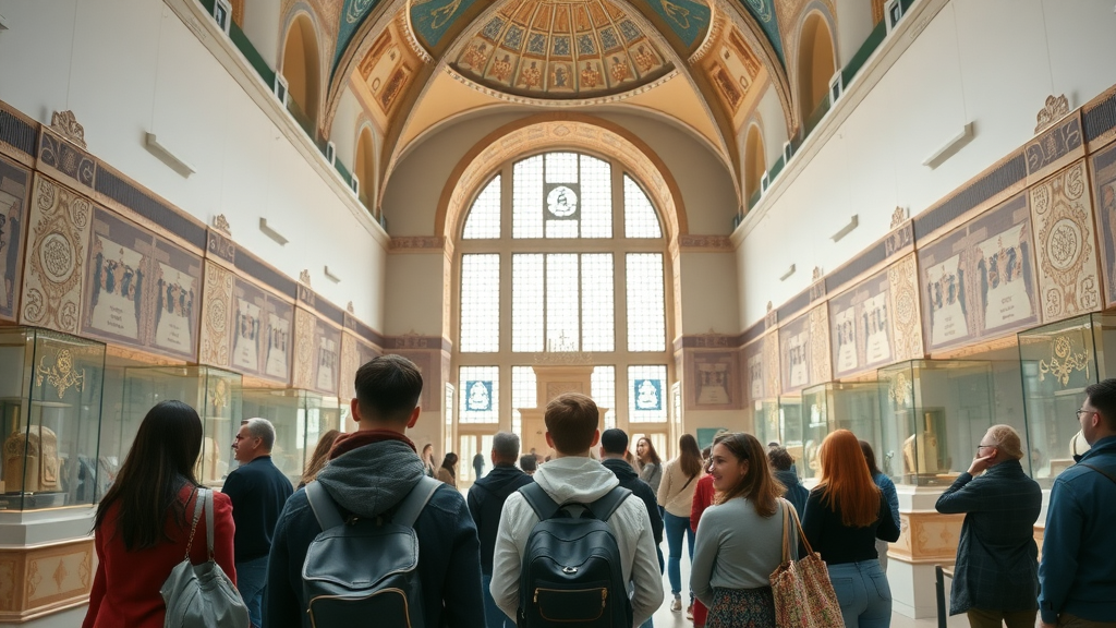 Beautiful interior of Museum of Islamic Art, visitors admiring intricate artifacts and ornate displays, grand atrium bathed in natural light