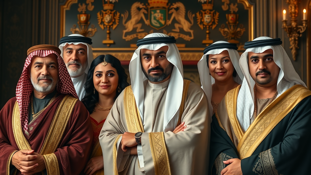 Dramatic ancestral portrait of the Al Thani royal family, dignified, symbolizing legacy and influence in qatar politics