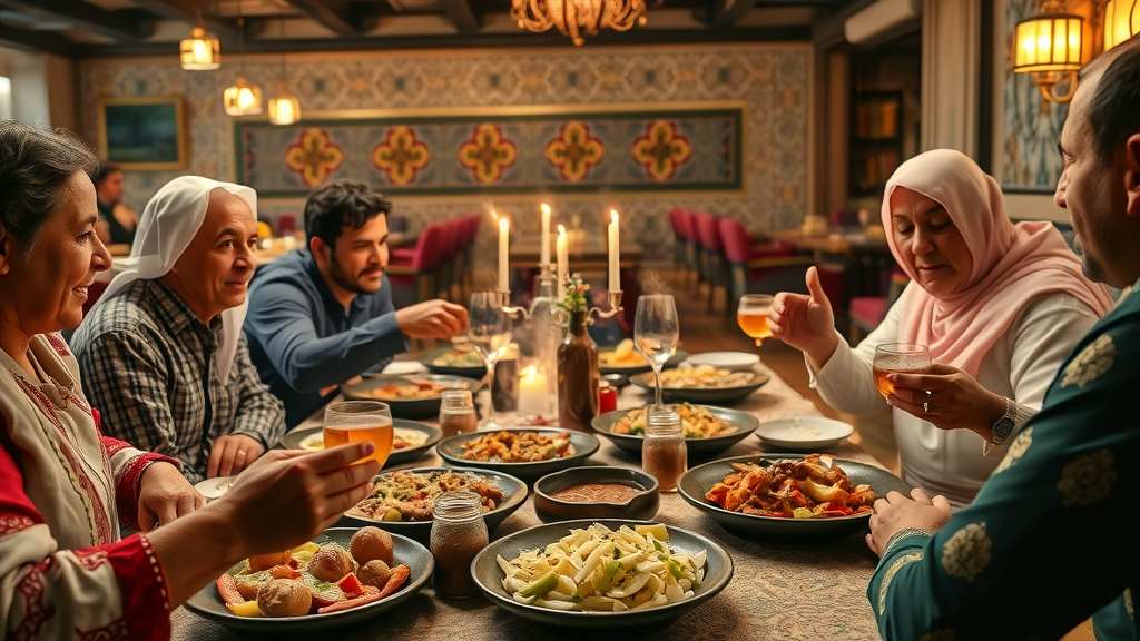 Traditional Middle Eastern feast at Doha restaurant friends sharing mezze kebabs, doha dining and nightlife