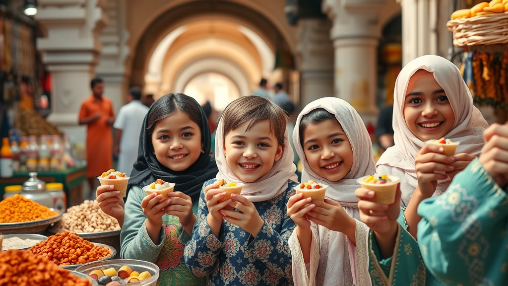 Lively Souq Waqif market scene, cheerful children sampling local spices and sweets, market vendors smiling, souq waqif, Doha, stone archways vibrant market, colorful Middle Eastern hues