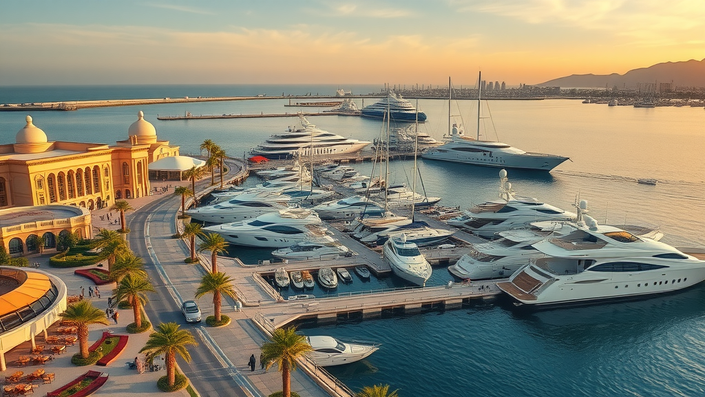 Luxurious Pearl-Qatar artificial island with shoppers along marina lined with yachts at sunset. the pearl-qatar doha tourist attractions