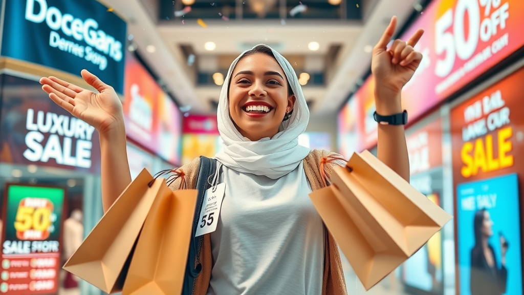 Joyful shopper in Doha, displaying shopping bags with promotional tags, colorful backdrop featuring luxury store banners and digital deal displays.