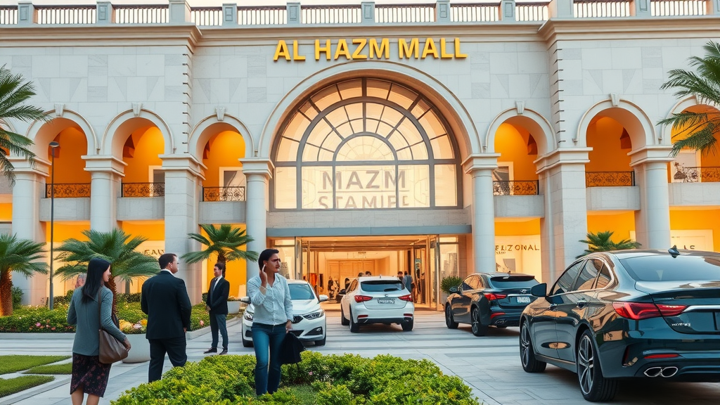 Elegant Al Hazm Mall exterior, sophisticated visitors, admiring architecture, Italian-style marble arches and lush landscaping.