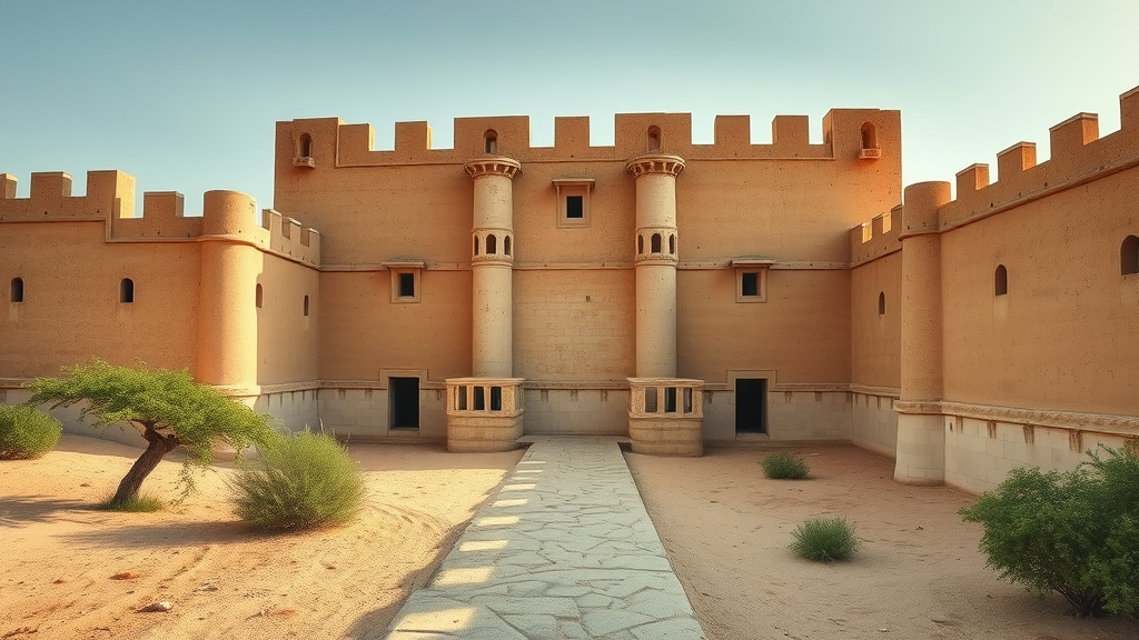 Ancient Al Zubarah Fort with sand-colored walls in Doha, surrounded by arid desert and distant horizon.