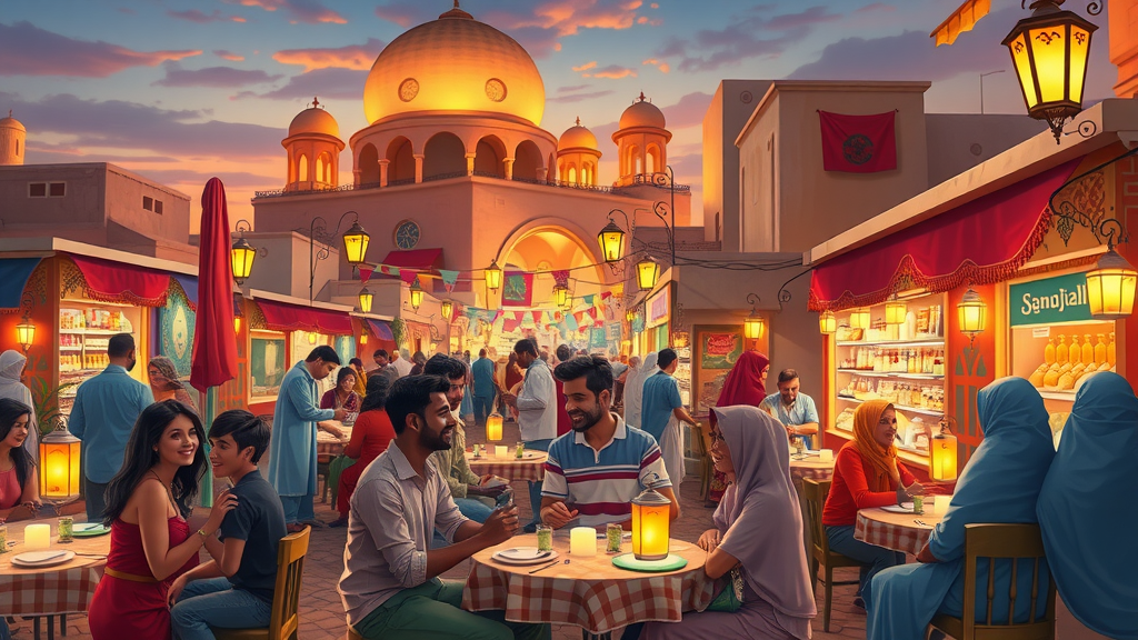 Souq Waqif at night with vibrant crowds dining outdoors, traditional architecture, and lively night market