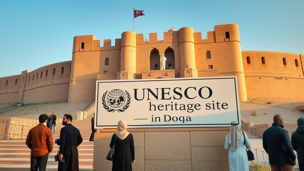 Elegant UNESCO heritage site sign in front of a historic fortress in Doha, dignified, tourists admiring the site, ancient sandstone fort, world heritage site in doha