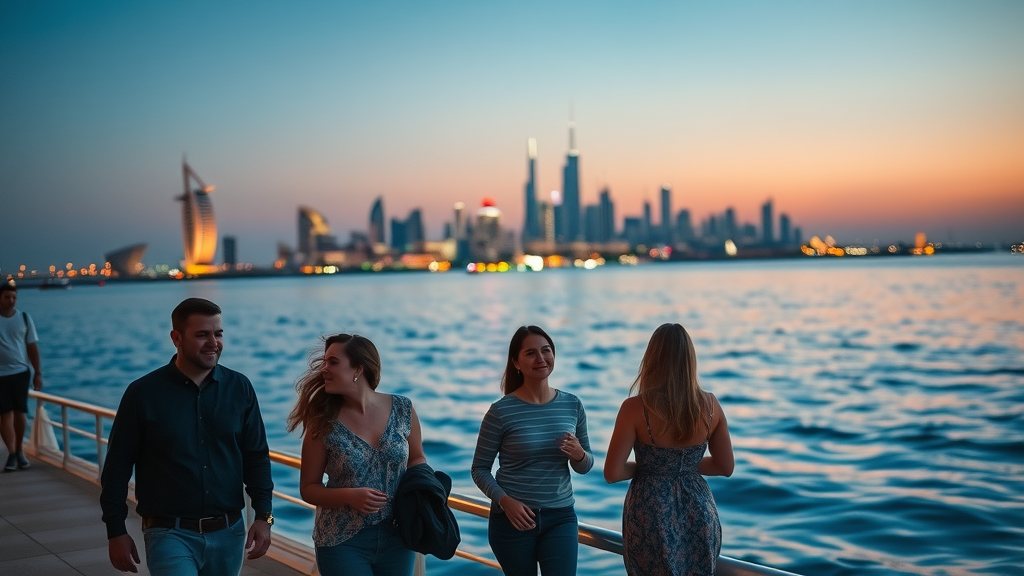 Romantic city waterfront at dusk, people enjoying evening walk along Doha Corniche, panoramic skyline and gentle waterfront.