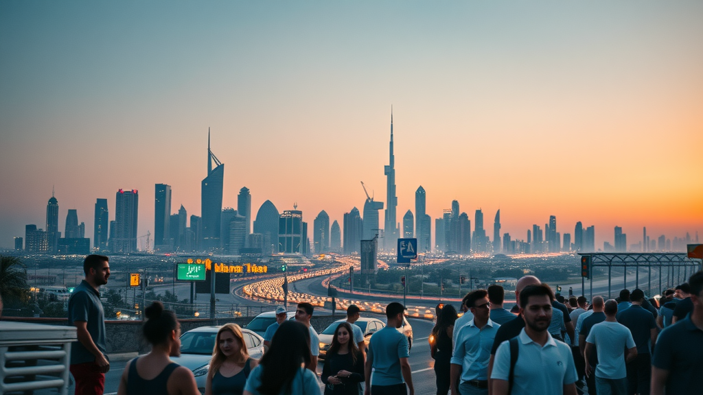 Doha cityscape at dusk vibrant illuminated skyline, people enjoying nightlife dining and nightlife experience