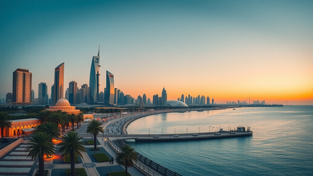 Cinematic panoramic view of Doha city skyline at sunset, showcasing the architectural marvels, bustling Corniche, calm waters reflecting the city lights, and vibrant skyscrapers and palm trees swaying in the evening lights. doha travel guide