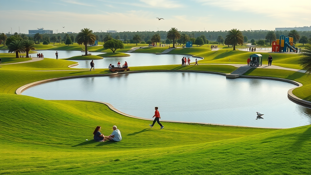 Lush Aspire Park in central Doha with families picnicking near lakes and green hills. aspire park doha tourist attractions