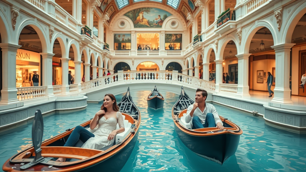 romantic venetian-inspired villaggio mall interior couples families riding gondolas ornate canal classical murals shoppers