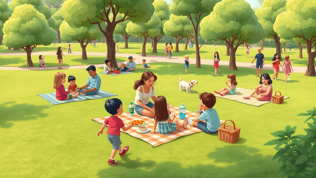 Families enjoying a picnic and games in green Aspire Park in Doha