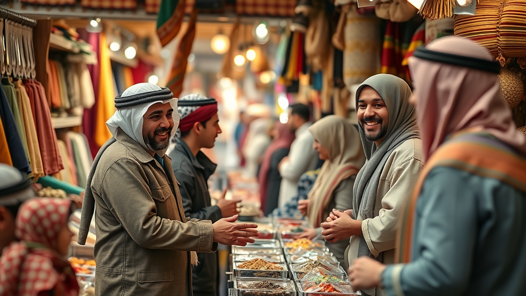 Authentic Qatari souq market, vendors and shoppers, welcoming smiles, exchanging goods, stalls brimming with local textiles and spices.