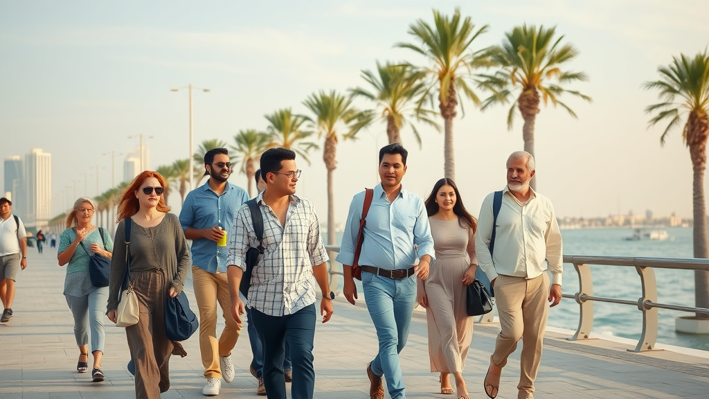 Tourists relaxing on Doha Corniche, dressed modestly, modern safe cityscape - practical travel tips Doha Qatar