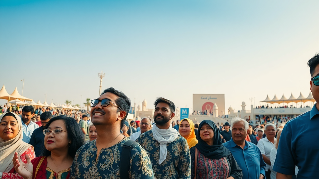 Artistic Katara Cultural Village, diverse crowd at outdoor festival, open amphitheater and public art under blue sky, vibrant cultural hub