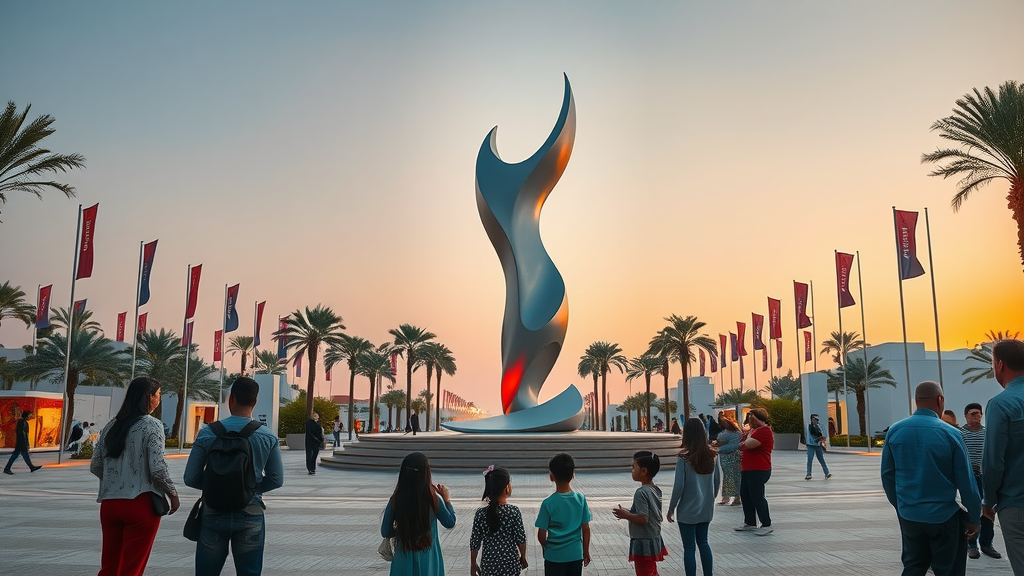 Majestic outdoor sculpture in Katara Cultural Village, families and children admiring contemporary public art under a vibrant sunset.