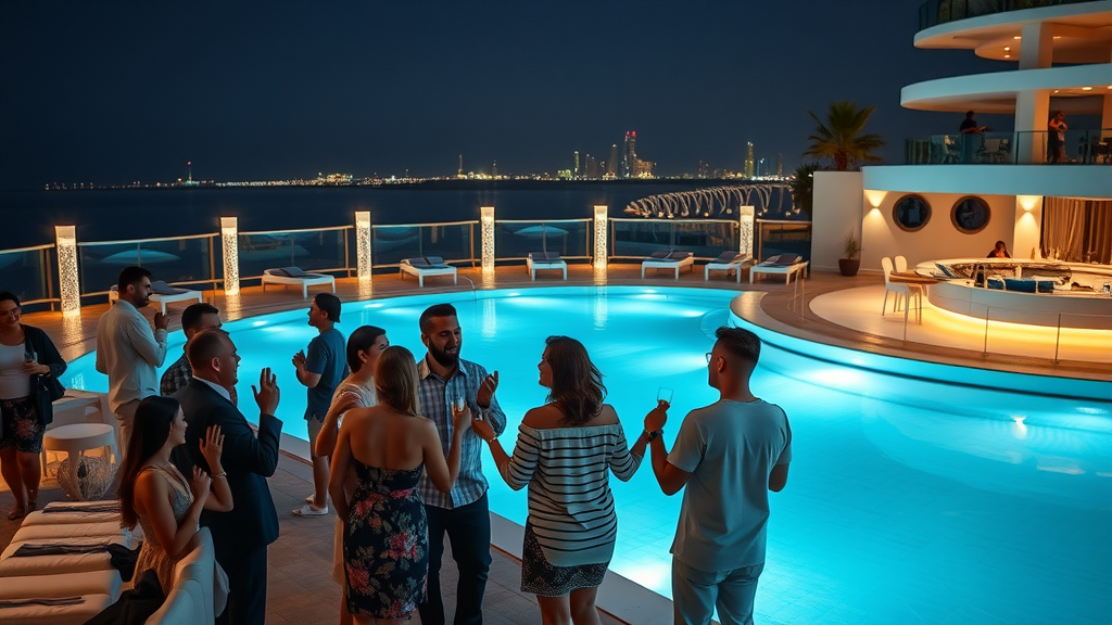 Hilton Doha hotel at night with guests by poolside bar, sea view, and lively nightlife experience