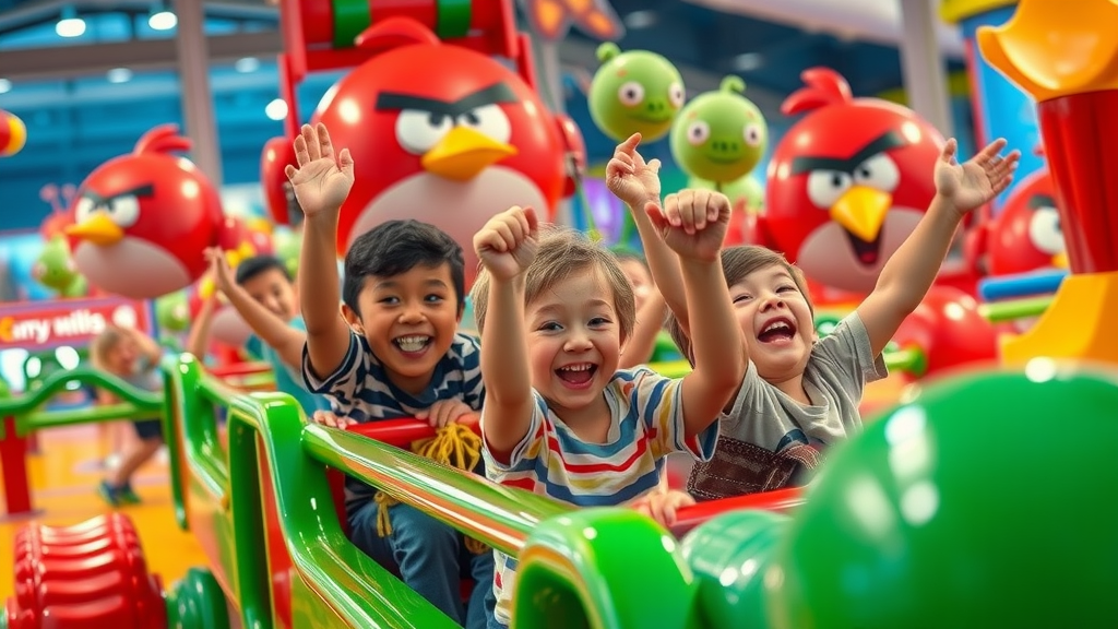 Playful children launching a giant slingshot ride at Angry Birds World, theme park, whimsical obstacle courses, vibrant reds and greens, Doha, cartoon style