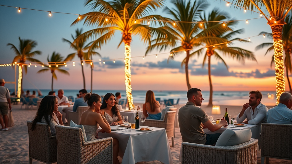 Stylish Bagatelle beach club scene gourmet evenings, guests enjoying dinner, drinks on the sand, and ambient lighting