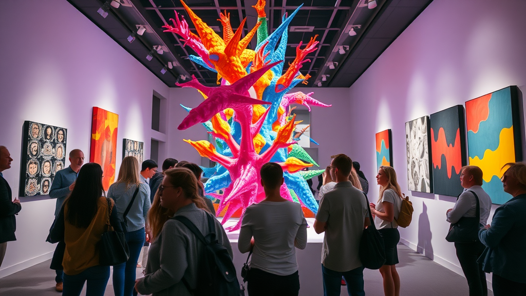 Vivid interactive art installation in the Arab Museum of Modern Art gallery with visitors immersed in colorful modern artworks.
