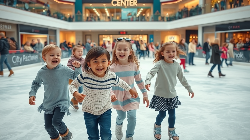 Smiling children dancing on City Center Mall ice rink, bustling shopping mall activity in Doha, bright and family-friendly