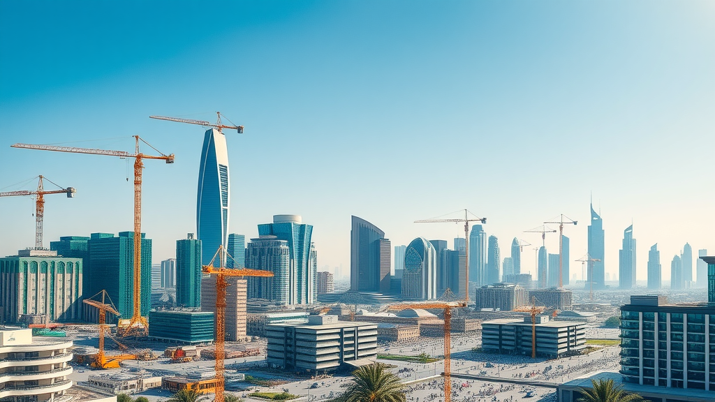 Qatar government announcements impacting construction equipment market in Doha skyline, modern skyscrapers, and bustling city life