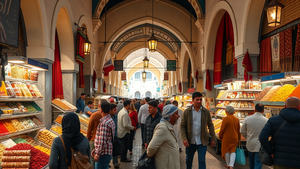 Bustling traditional Middle Eastern market in Doha at Souq Waqif, people browsing spices and textiles, lively atmosphere. souq waqif doha tourist attractions