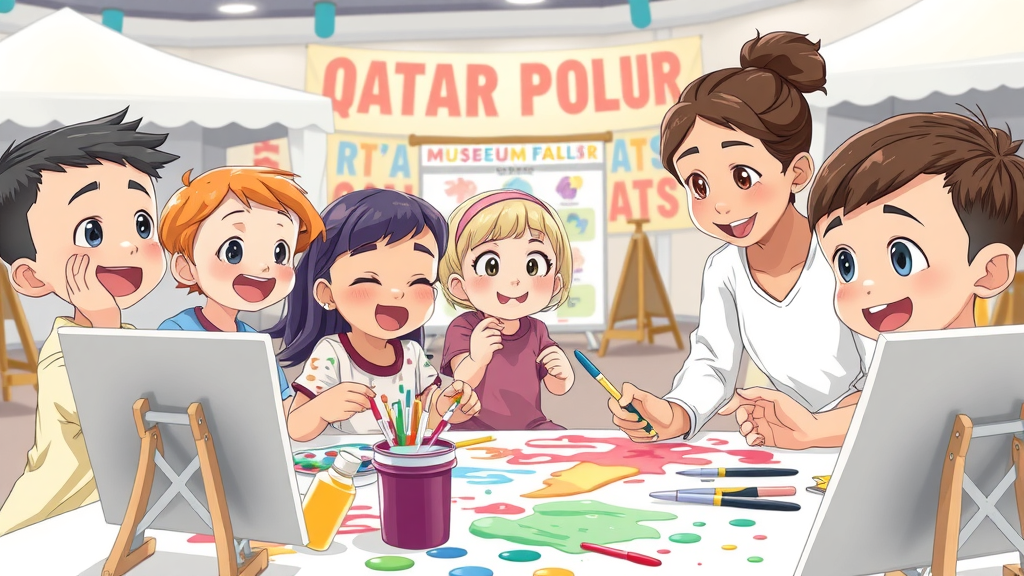 Enthusiastic children creating colorful art at Qatar Children