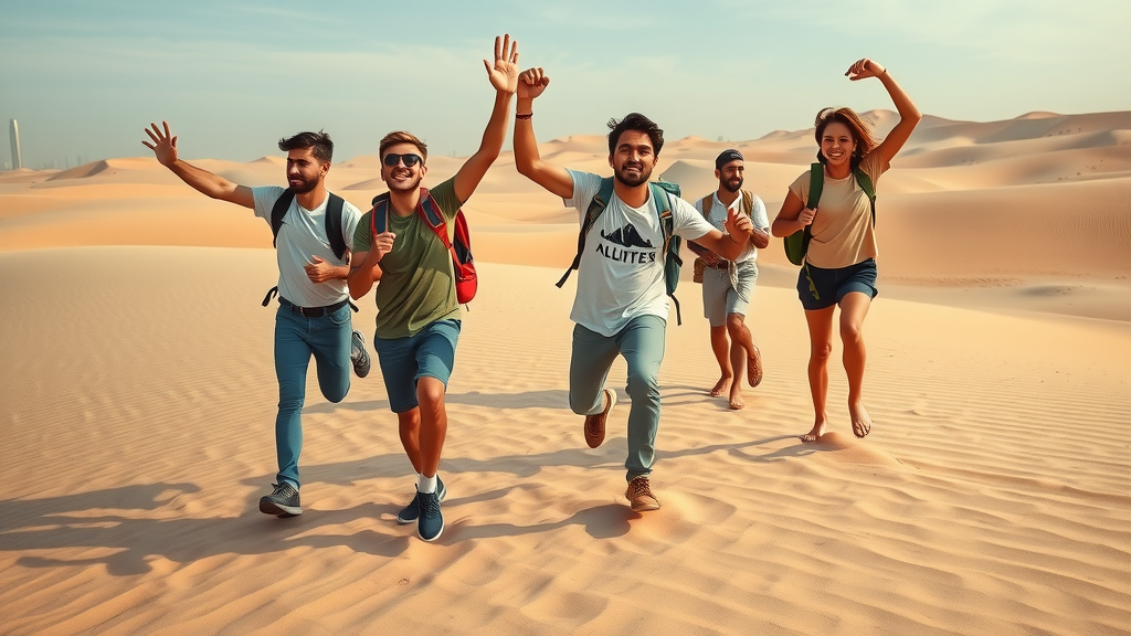 Group of explorers setting up for a desert activity near Doha cityscape under golden morning light