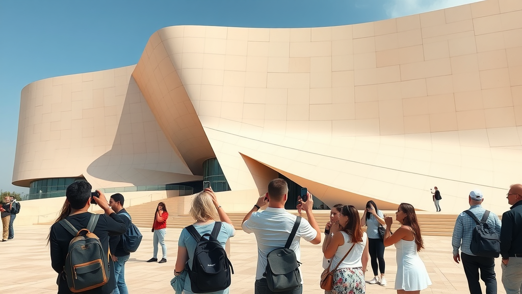 Futuristic National Museum of Qatar, visitors taking photos in front of iconic desert rose-inspired architecture