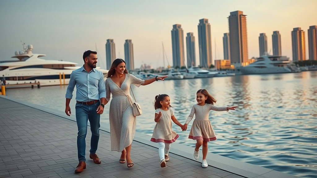 Elegant family on Pearl-Qatar boardwalk at dusk, children pointing to yachts, modern marina, Doha