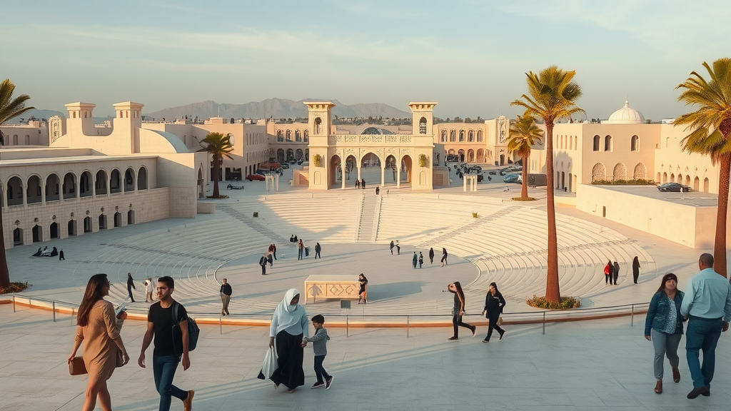 Picturesque Katara Cultural Village in Doha, families and art lovers in open plazas with Arabic architecture. katara cultural village doha tourist attractions